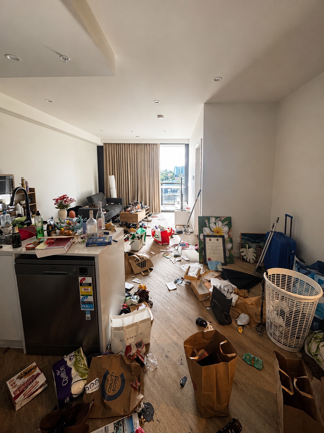 Cluttered apartment living room before Lumi Cleaning